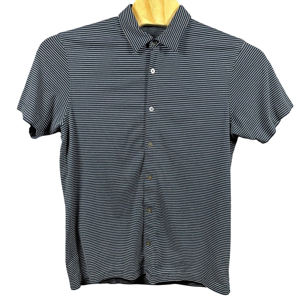 Banana Republic Mens Striped Short Sleeve Button Up Polo Shirt Large Navy White